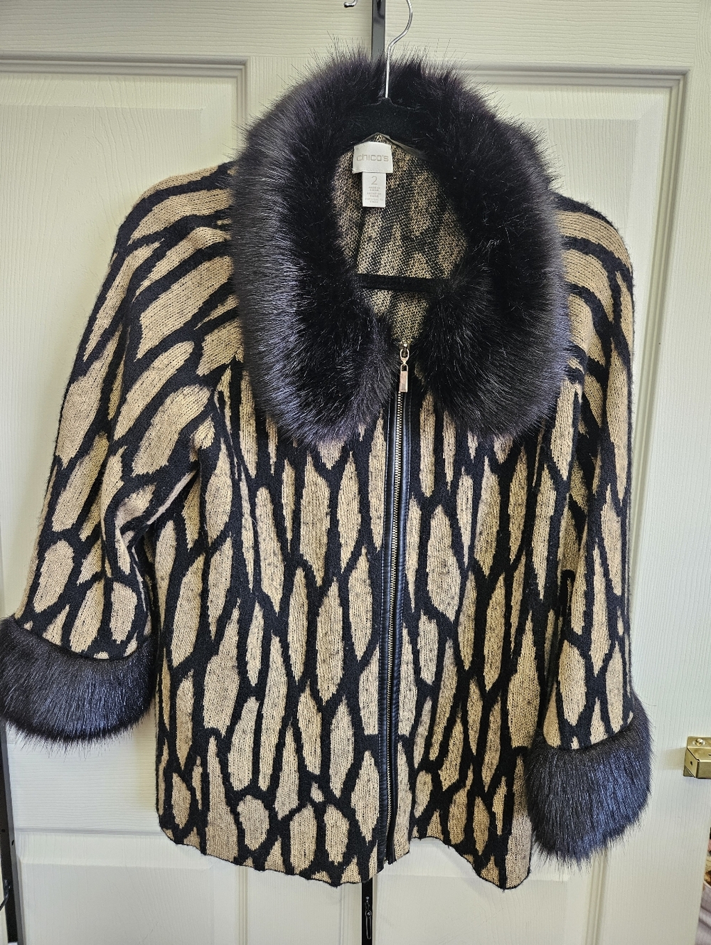 Chico's Black & Tan Faux-Fur Trim Zip Front Pea Coat